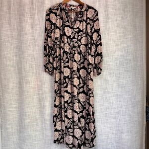 Boden 3/4 Sleeve Viscose Cream Black Floral Print Midi Dress Size 6